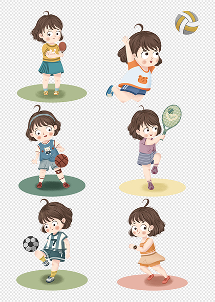 卡通小女孩篮球排球乒乓球等运动场景插画