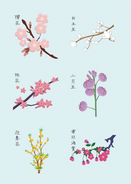 樱花桃花白玉兰二月兰迎春花垂丝海棠春季花卉元素