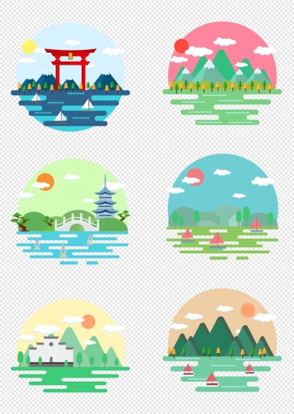 春天风景与建筑元素集合免抠图片