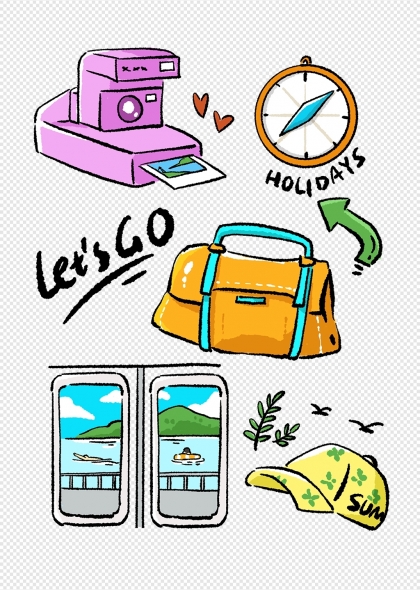 旅行相机指南针行李箱手绘夏日度假元素