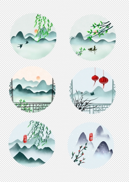 山水柳树灯笼二十四节气元素