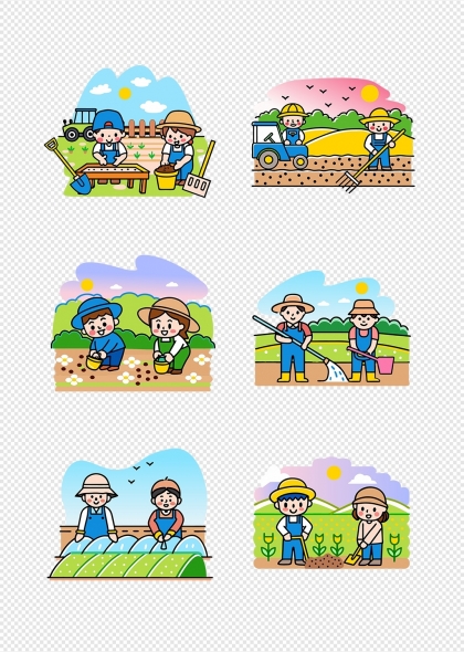 卡通农民耕作场景农业劳动像素风元素