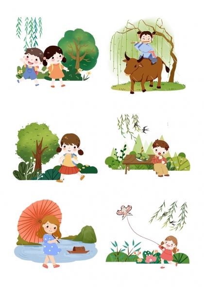 清明节儿童踏青放风筝乡村生活插画元素