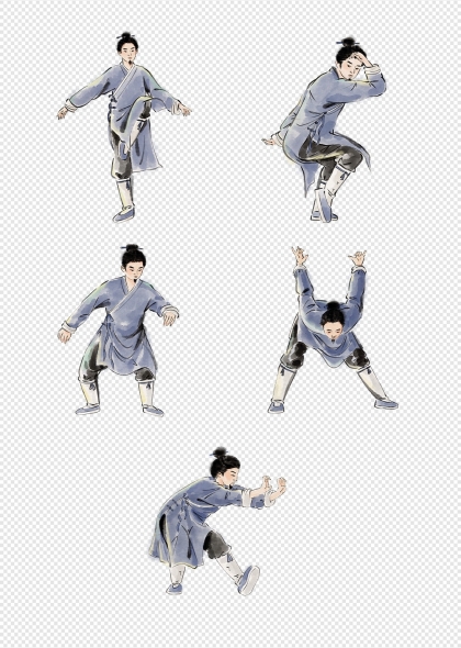 国画风中医养生五禽戏人物动作图插画