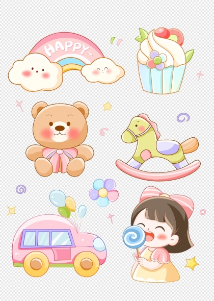 卡通小女孩彩虹蛋糕木马玩具车儿童节快乐元素