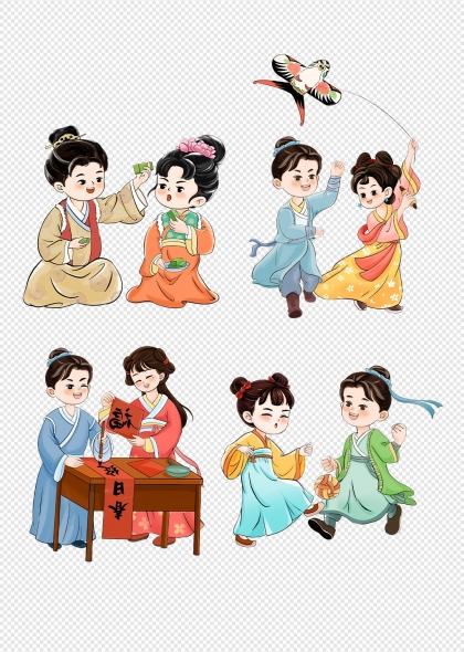 春天古装儿童放风筝写书法游戏互动免抠元素