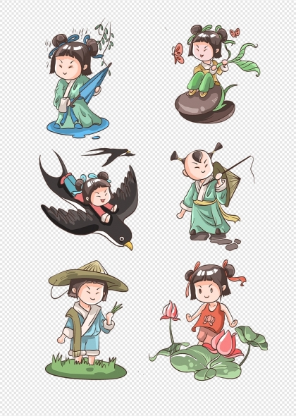 清明节古装儿童春天插画免抠元素