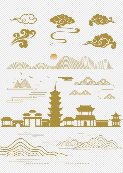 古建筑云纹山水传统中国风免抠背景元素