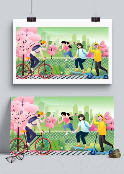 樱花季春天城市公园里快乐骑行插画背景