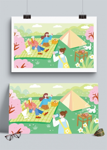 春日野餐時(shí)光歡樂家庭插畫背景