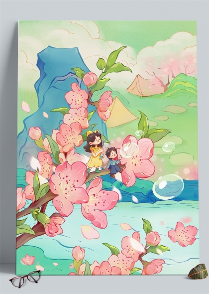 春日山間嬉戲兒童粉色桃花背景插畫(huà)