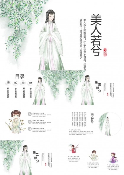 美人若兮古典风格人物插画PPT模板