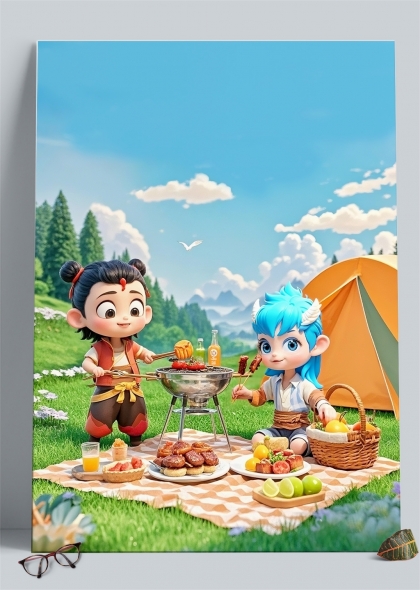 哪吒敖丙户外野餐露营烧烤AIGC插画