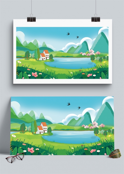 田園風(fēng)光中的小屋與湖水春天鄉(xiāng)村插畫背景