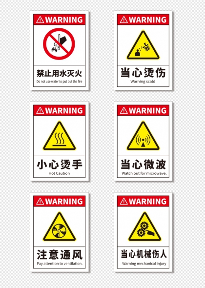 禁止用水灭火当心烫伤小心滑倒安全警示标志合集