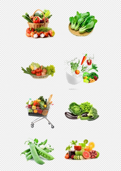 新鲜水果蔬菜篮子与绿叶菜免抠图片合集