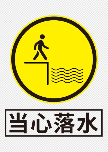 当心落水黄色圆形警示标识牌设计