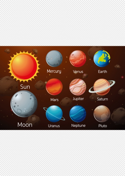 太阳系八大行星与月亮卡通免抠元素合集