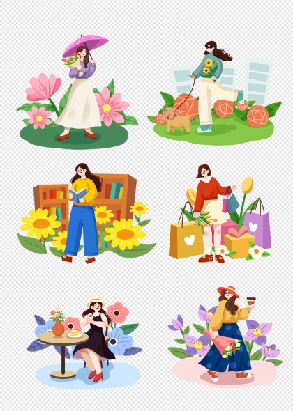 手绘女性日常场景生活插画免抠元素集