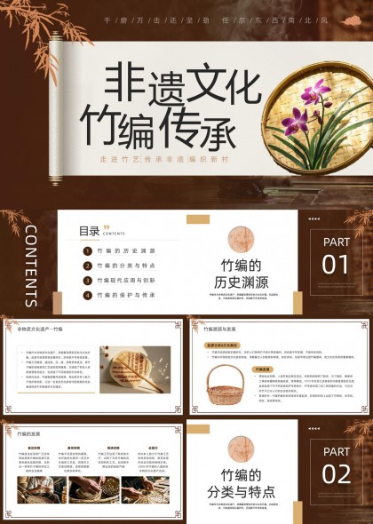 非遗文化竹编传承介绍与保护PPT模板
