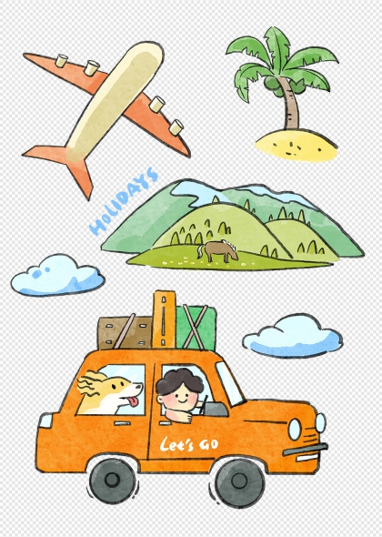 夏季旅行卡通贴纸飞机岛屿汽车自驾游场景插画