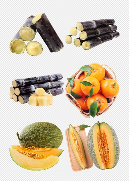 甘蔗橙子哈密瓜水果组合免抠元素插画