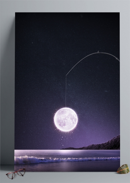 梦幻月亮垂钓月亮梦幻夜景海报背景