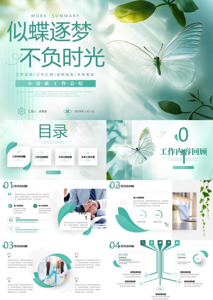工作汇报总结报告未来规划清新蝴蝶风格PPT模板