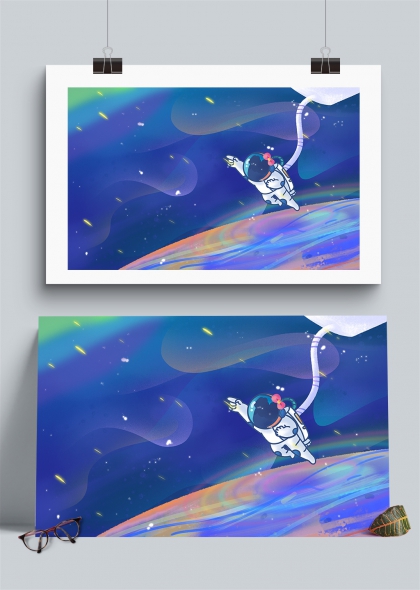 太空探險的小女孩夢幻宇宙插畫背景
