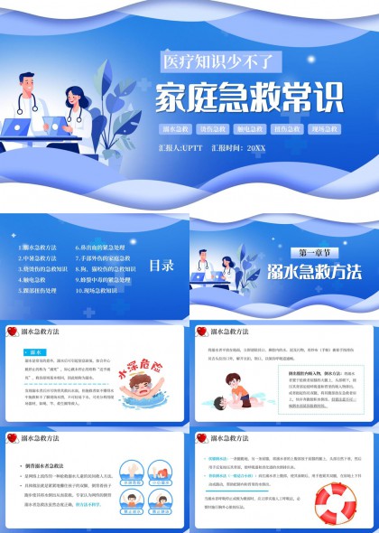 家庭急救常識(shí)醫(yī)療溺水燒燙傷中暑觸電處理PPT模板
