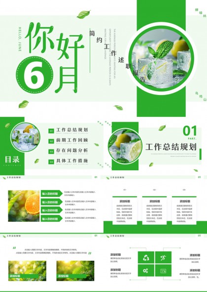 柠檬薄荷你好六月清新工作总结汇报PPT模板