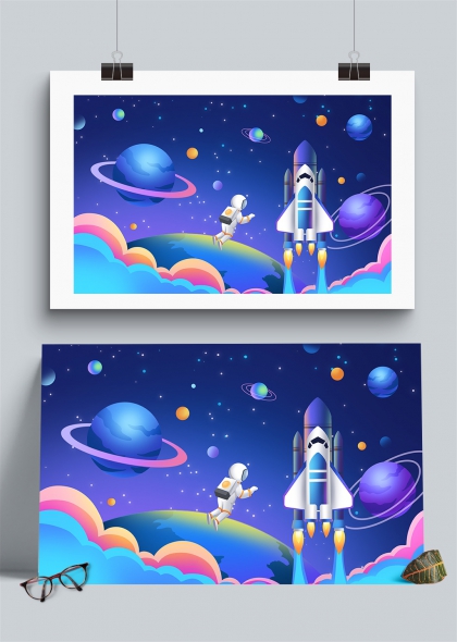 太空探險宇航員與火箭夢幻宇宙插畫背景