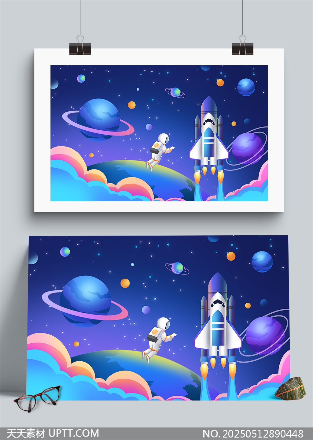 太空探險(xiǎn)宇航員與火箭夢幻宇宙插畫背景