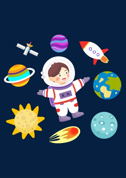 地球衛(wèi)星火箭行星太陽月亮卡通宇航員太空探索插畫元素