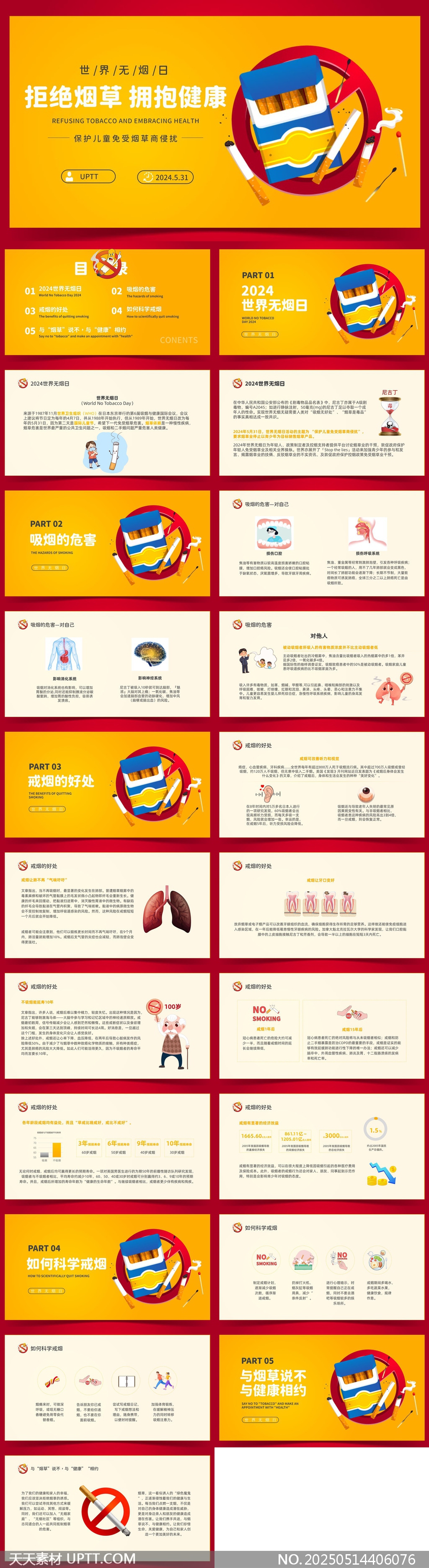 世界無煙日拒絕煙草擁抱健康科普知識PPT模板