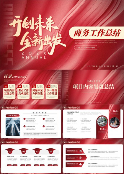 商務(wù)工作總結(jié)年度報告紅金配色PPT模板