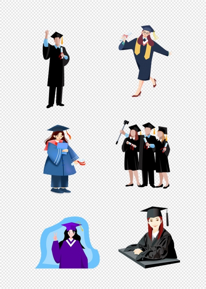 毕业典礼卡通人物学士服学位帽庆祝场景免抠元素集