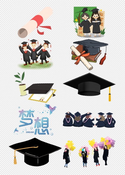 毕业季学士帽与证书卡通人物庆祝场景免抠图片集