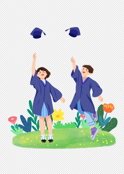 毕业季男女学生抛学士帽庆祝场景插画