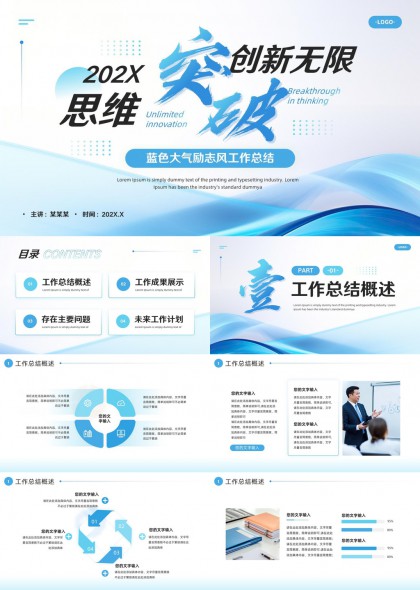 思维突破创新无限蓝色大气励志风工作总结PPT模板