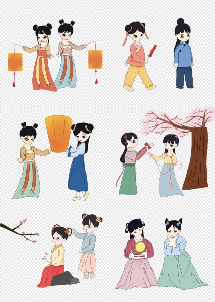 古风汉服女孩新年故事场景插画人物元素集