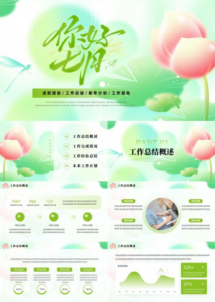 你好七月清新荷花风格工作总结新年计划PPT模板