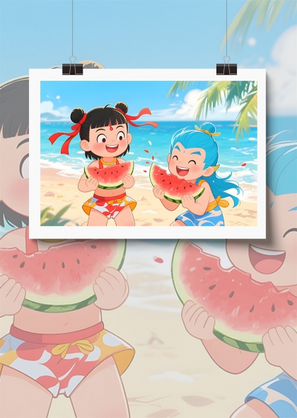 哪吒敖丙夏日海滩西瓜派对欢乐儿童插画背景