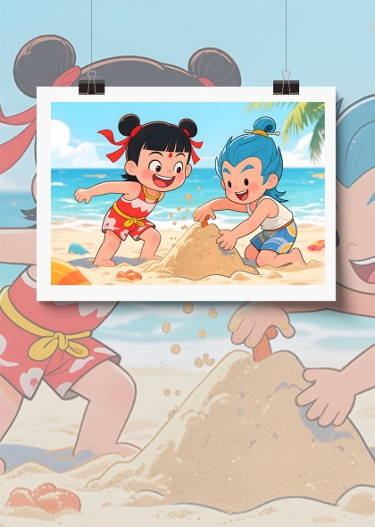 哪吒敖丙海边嬉戏夏日沙滩插画背景