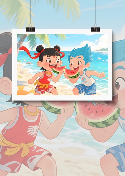 哪吒敖丙夏日海滩上的西瓜派对儿童插画背景