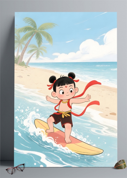 哪吒海边冲浪夏日海滩插画背景