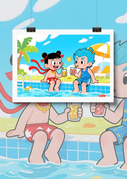 哪吒敖丙夏日泳池边的快乐时光卡通插画背景