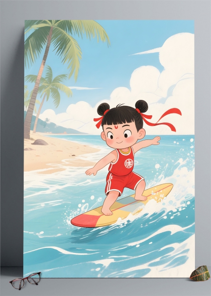 哪吒冲浪夏季暑期卡通插画背景