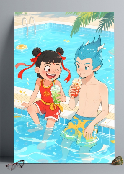 哪吒敖丙夏日泳池边的欢乐时光卡通插画背景
