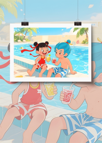 哪吒敖丙夏日泳池边的欢乐时光儿童插画背景